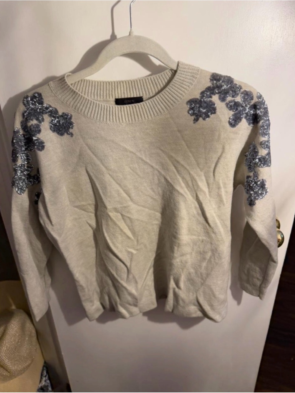 J.Crew XS Oatmeal Floral Beaded Sequin Embellished Crewneck Sweater